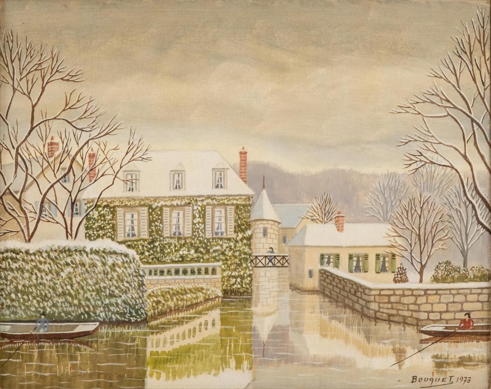 Andre Bouquet Signed Oil on Canvas Painting, 1973 winter village scene sold by Collective Hudson, LLC, lot 533 — auction record photograph