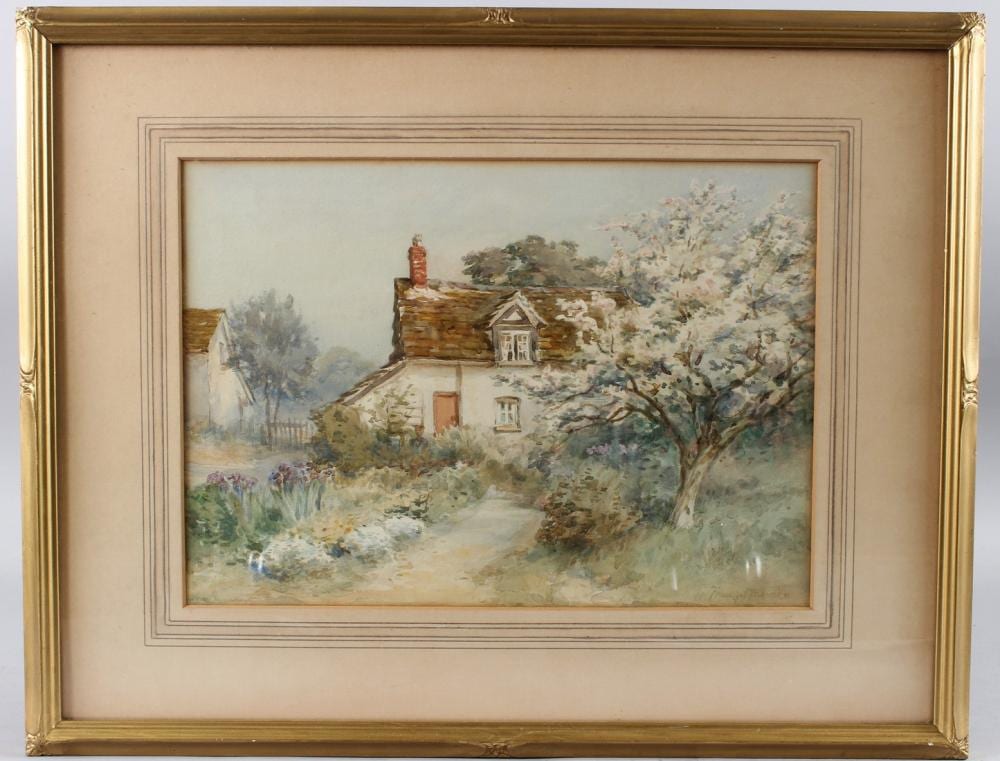frederick knowles 1874 1931 cottage path with blossoming tree watercolour signed 25 5cm x 36c · John Nicholson's Fine Art Auctioneers & Valuers · 2025-04-23 Frederick Knowles comparable auction result: frederick knowles 1874 1931 cottage path with blossoming tree watercolour signed 25 5cm x 36c