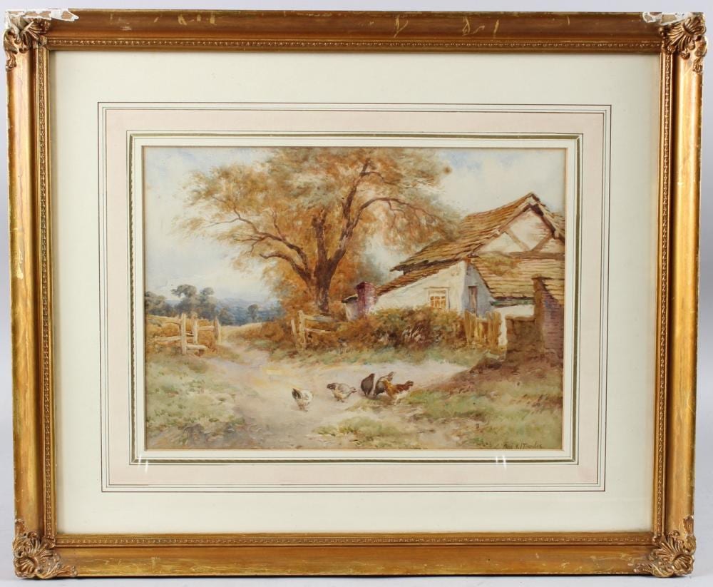 frederick knowles 1874 1931 chickens besides a cottage watercolour signed 25cm x 35cm · John Nicholson's Fine Art Auctioneers & Valuers · 2025-04-23 Frederick Knowles comparable auction result: frederick knowles 1874 1931 chickens besides a cottage watercolour signed 25cm x 35cm