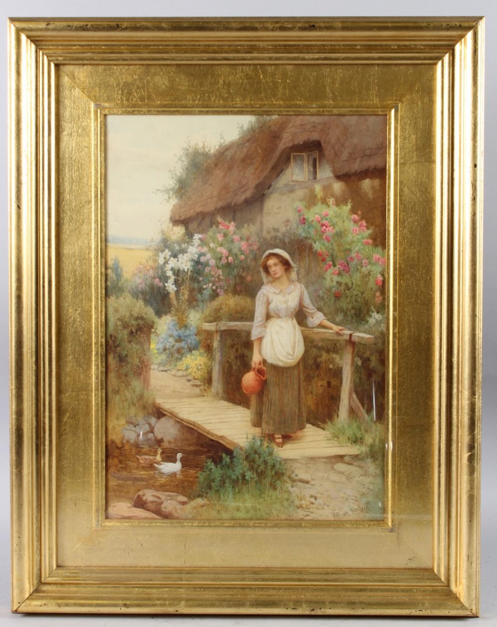 William Affleck comparable auction result: william affleck 1869 1943 cottage garden scene of a woman holding a water jug watercolour signed