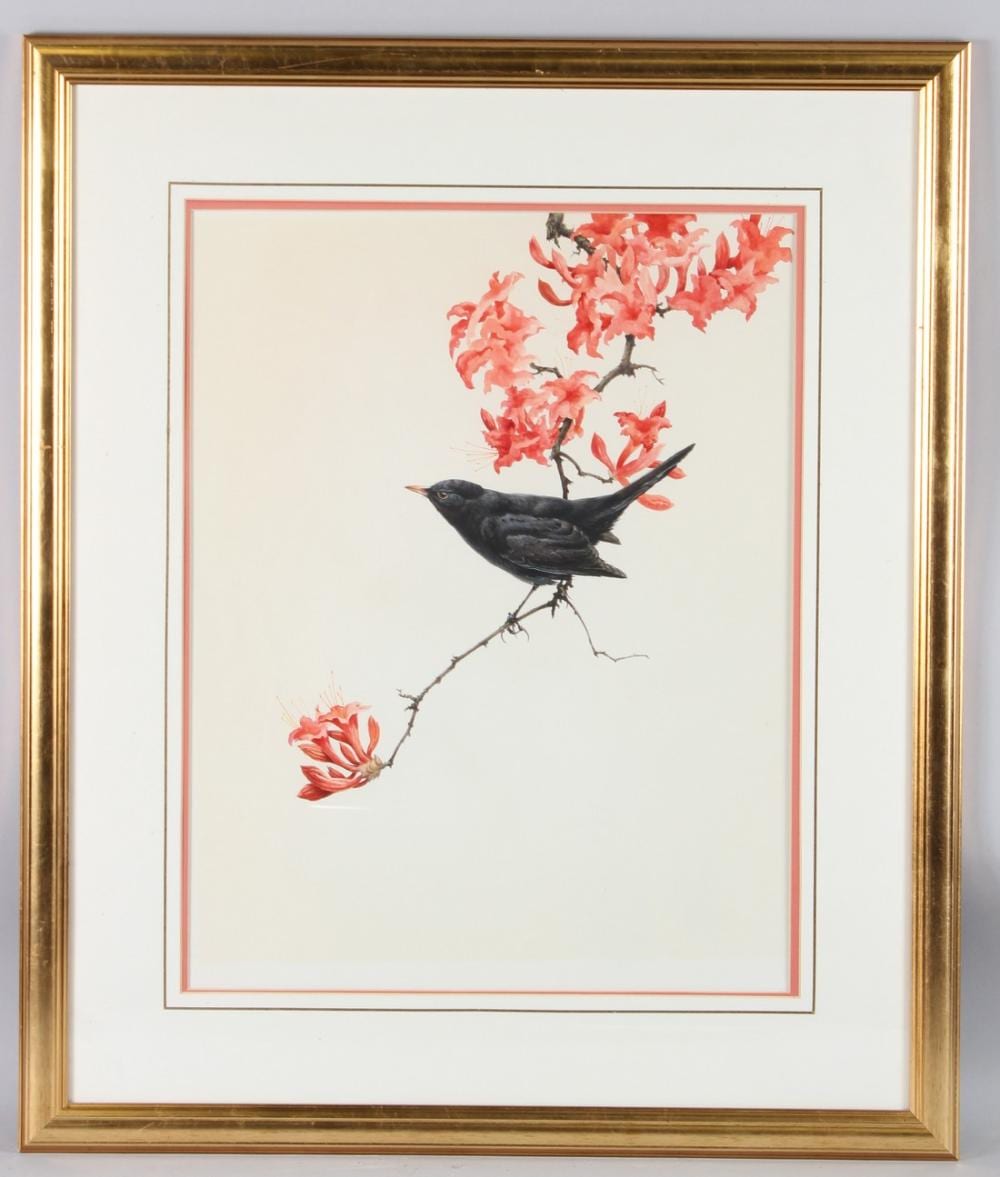 David Ord Kerr comparable auction result: david ord kerr b 1951 blackbird perched on a branch of pink blossom watercolour indistinctly signe