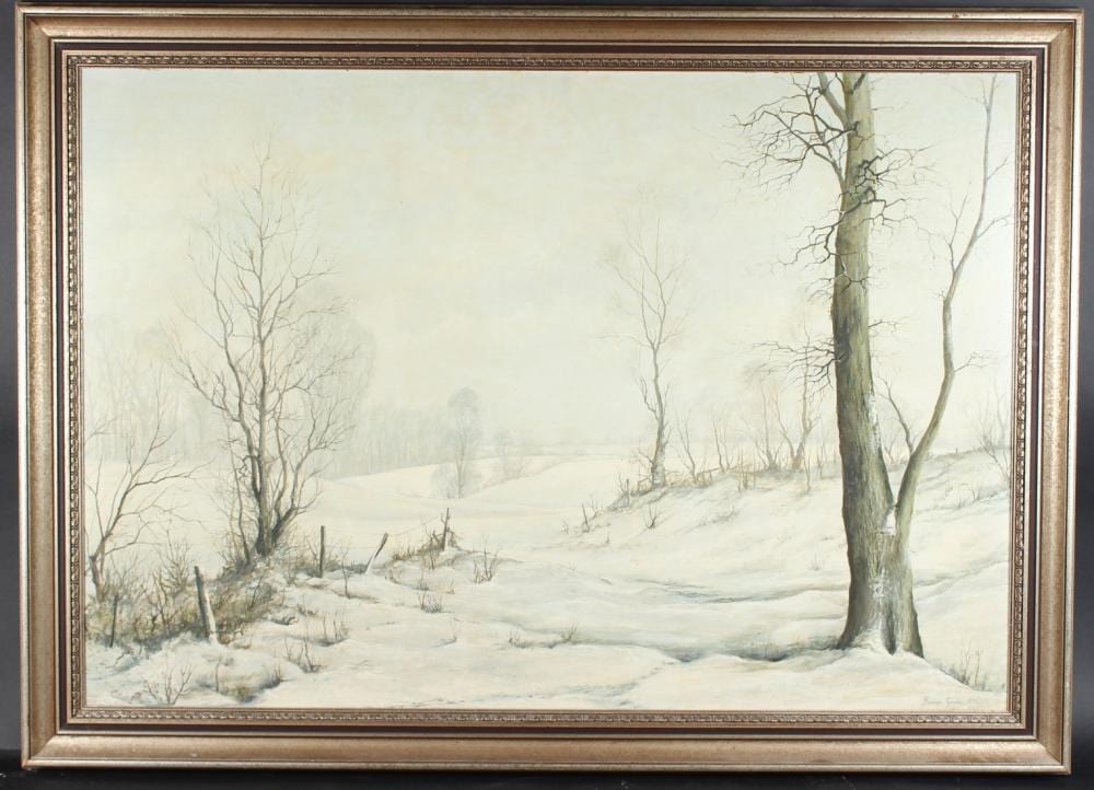 Mervyn Goode comparable auction result: mervyn goode b 1948 more snow in the air winter landscape oil on board signed and dated 1973
