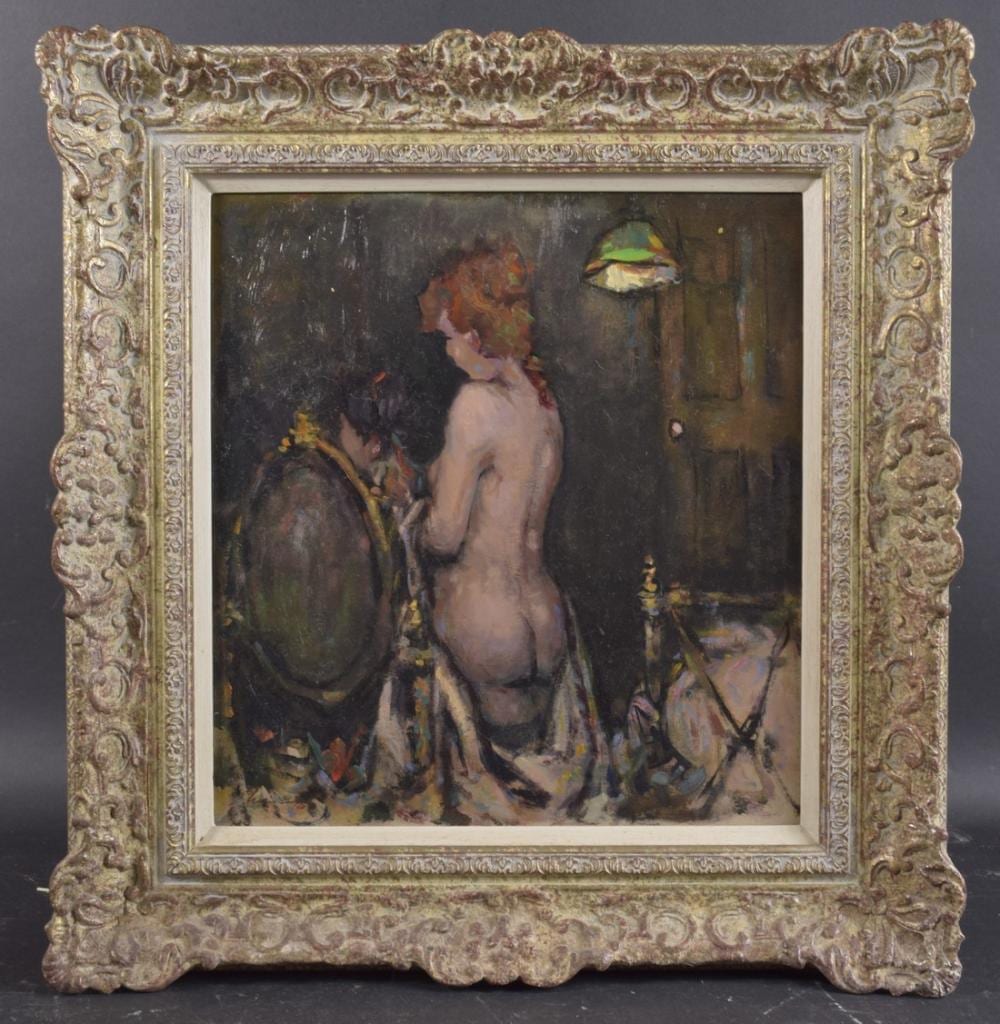 Ken Moroney comparable auction result: ken moroney 1949 2018 interior scene with a standing nude figure tying a seated woman s hair oil on