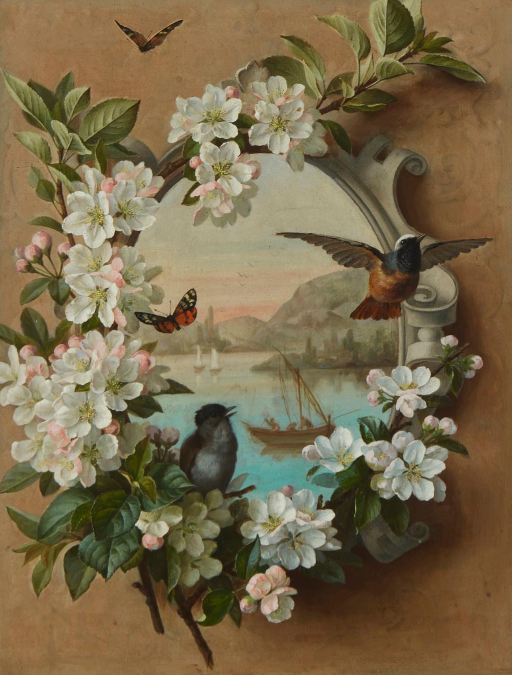Paul De Longpre comparable auction result: paul de longpr 1855 1911 harbor view with birds and insects and a garland of flowers