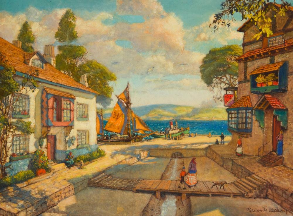 Hernando Gonzallo Villa comparable auction result: hernando gonzallo villa 1881 1952 harbor village with townspeople 1943