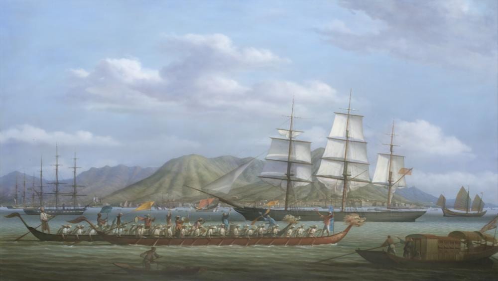 Louis Dodd comparable auction result: louis dodd british 1943 2006 a view of the hong kong roads shewing dragon boats racing and the tea clipper black prince 1869