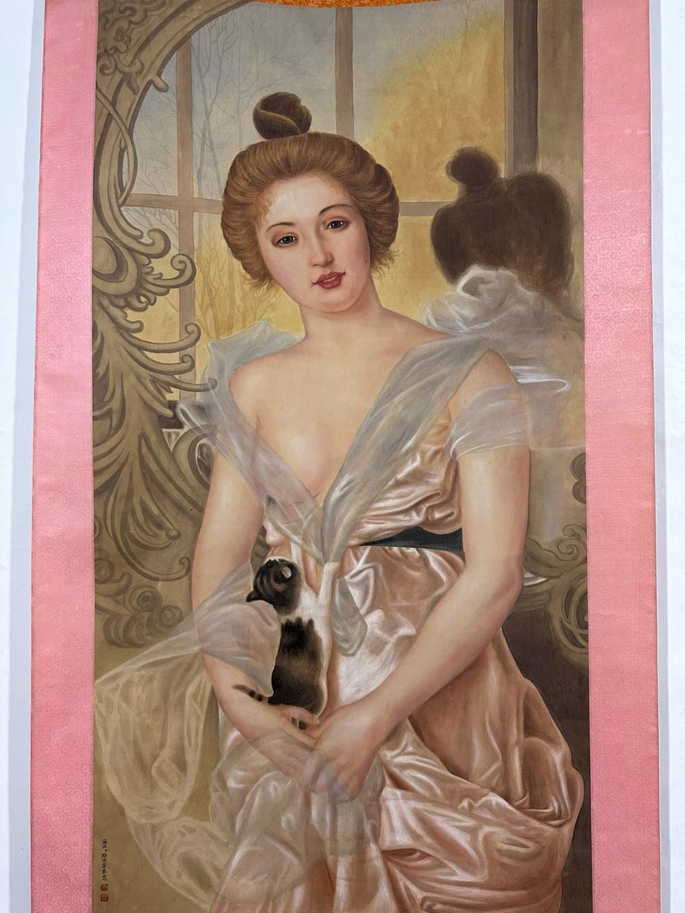 Giuseppe (1688) Castiglione comparable auction result: lang shining hand painting western beauty hugging cat silk scroll