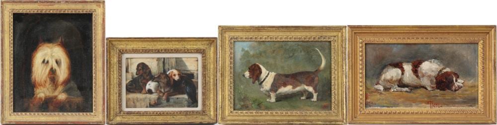 Valentine Thomas Garland comparable auction result: valentine thomas garland 1868 1914 three dogs on doorstep oil on board