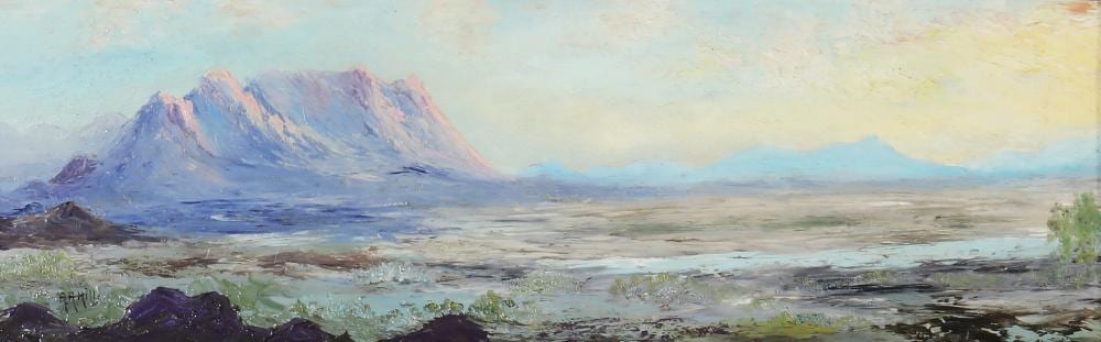 Anna Althea Hills comparable auction result: anna althea hills american 1882 1930 valley vista at sunrise oil on board 6 x 18in 15 x 45cm