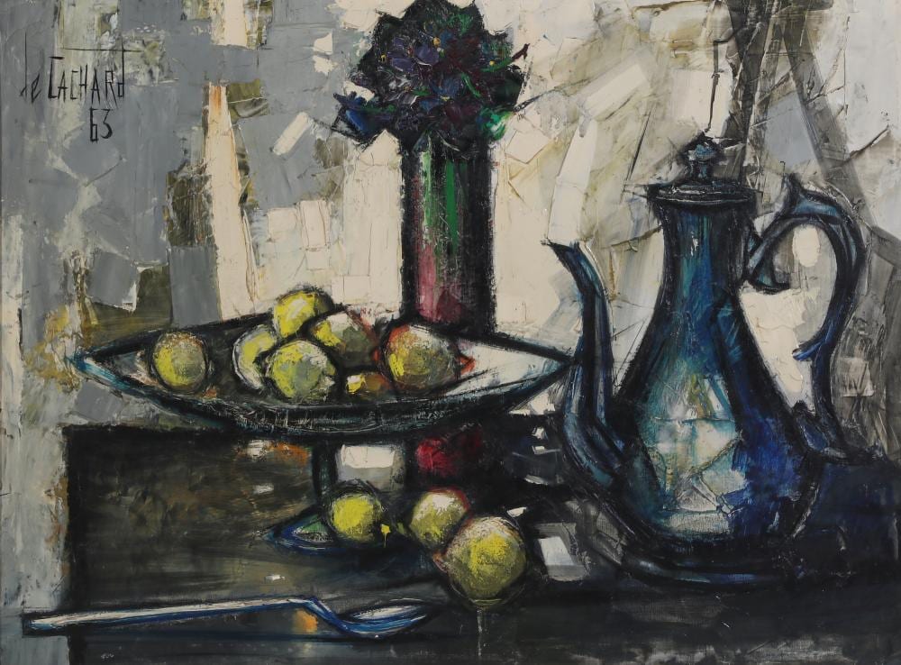 Regis de Bouvier De Cachard comparable auction result: regis de bouvier de cachard california france b 1929 still life with teapot and violets 1963 oil on canvas 30 x 40in 75 x 100cm