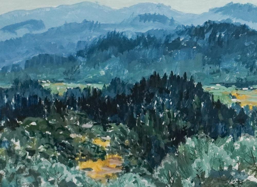 Ted Christensen comparable auction result: ted christensen 1911 1998 view from howell mountain 1983 acrylic on paper frame 25 x 31 in 63 5 x 78 7 cm