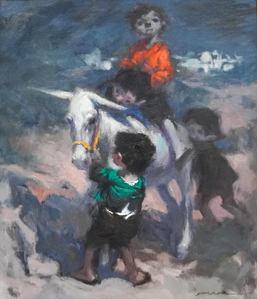 Manuel Monedero comparable auction result: manuel monedero spanish 1925 2002 donkey ride oil on canvas signed l r frame 26 5 8 x 23 1 2 in 67 6 x 59 7 cm