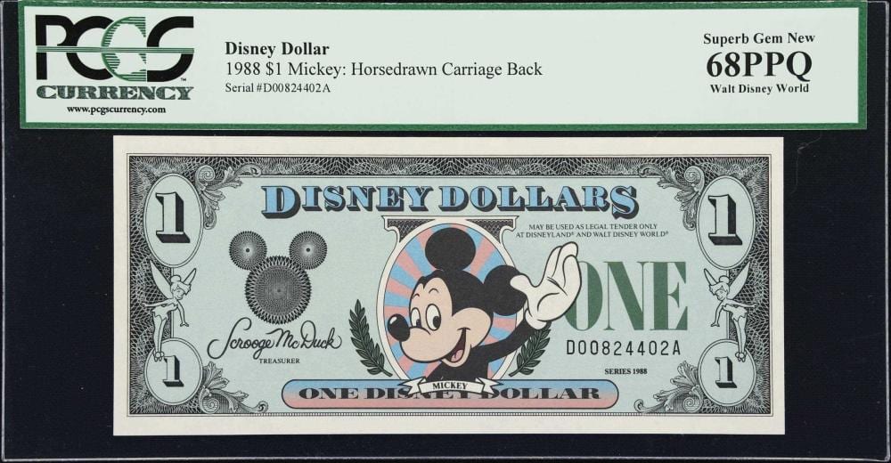 Lot of (2) Disney Dollars. 1988 $1. PCGS Currency Superb Gem New 67 PPQ to 68 PPQ. sold by Stack's Bowers Galleries, lot 96303 — auction record photograph