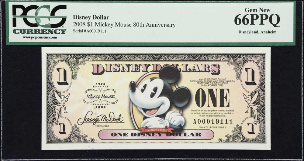 Lot of (5) Disney Dollars. 2008 $1 & $5. PCGS Currency Gem New 66 PPQ to Superb Gem New 67 PPQ. sold by Stack's Bowers Galleries, lot 96318 — auction record photograph
