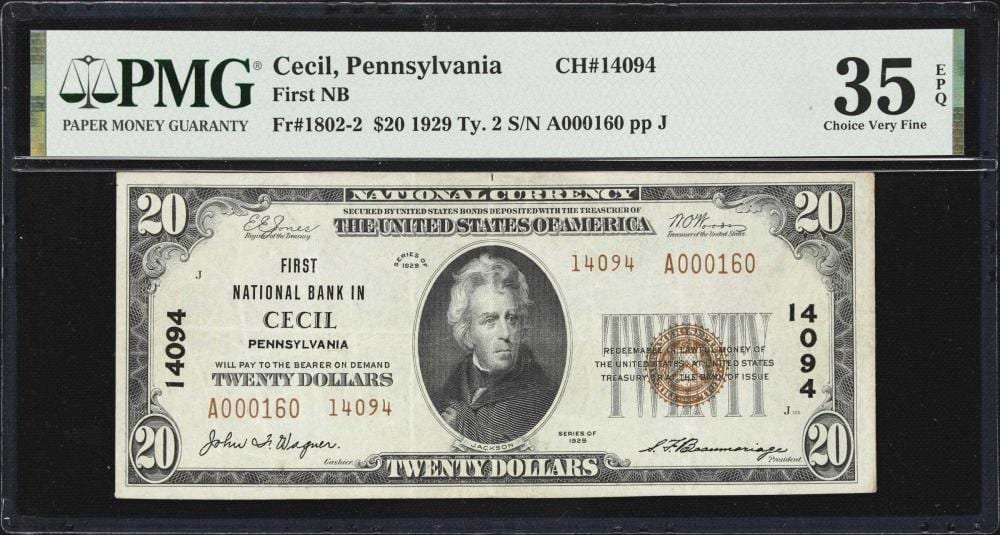 Unk White comparable auction result: cecil pennsylvania 20 1929 ty 2 fr 1802 2 first nb charter 14094 pmg choice very fine 35 epq