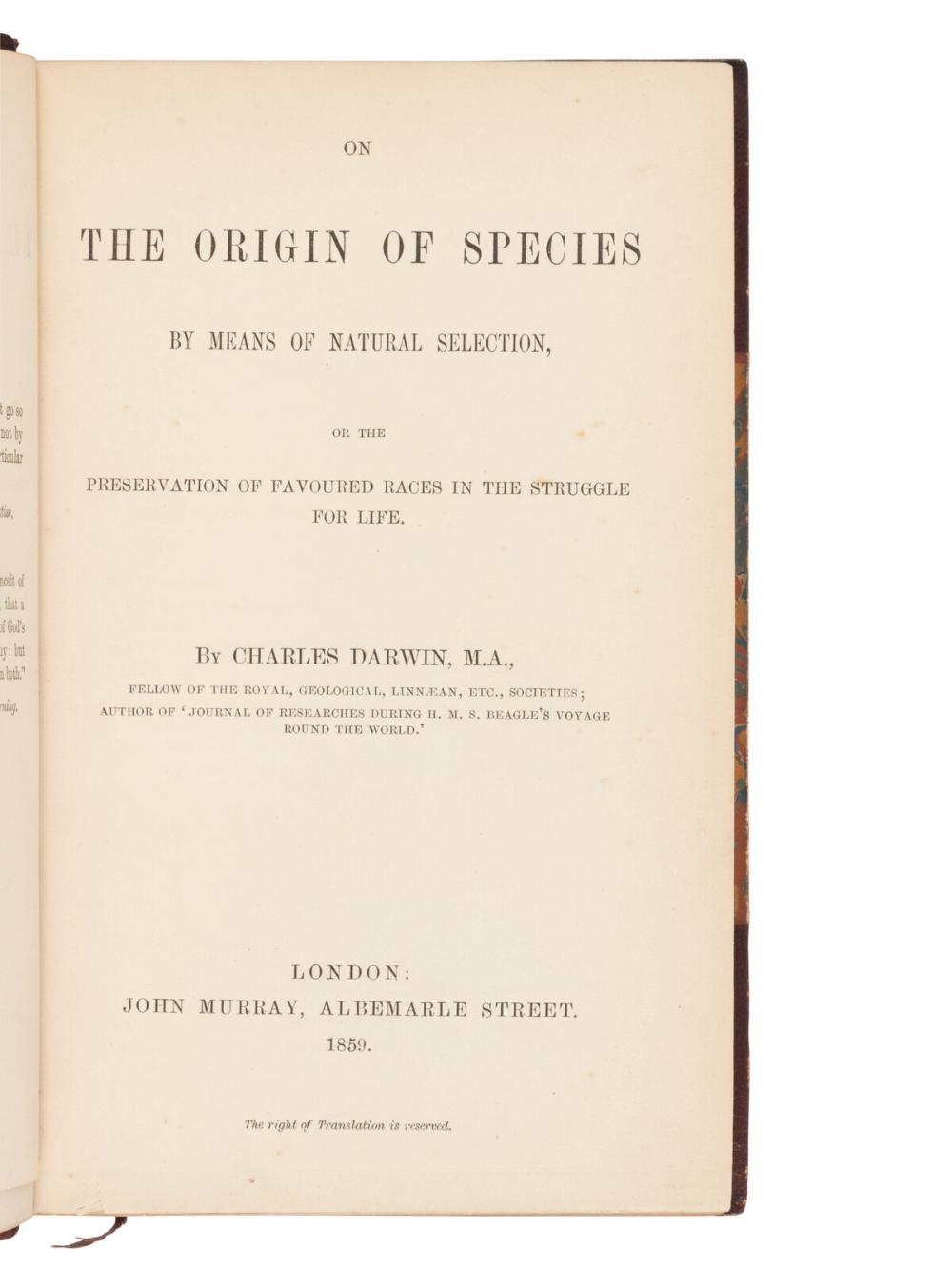 [NATURAL HISTORY]. DARWIN, Charles (1809-1882). On the Origin of Species. London: John Murray, 1859. sold by Freeman’s | Hindman, lot 90 — auction record photograph