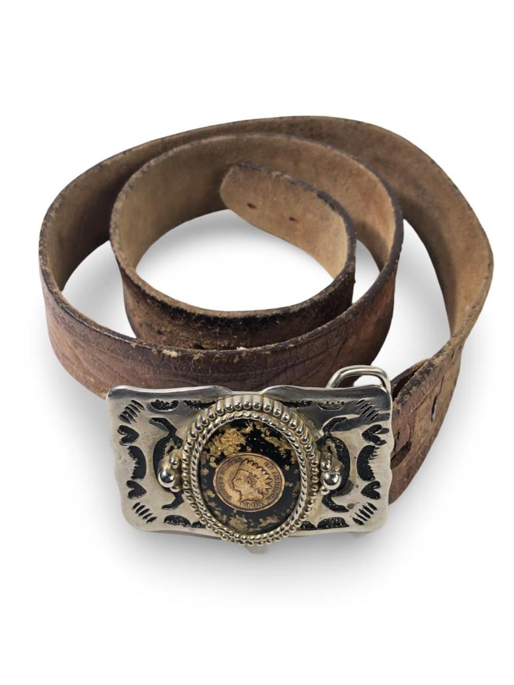 1904 Indian Head Penny Brown Leather Belt/Buckle sold by Monarch Auction and Estate Services, lot 2102 — auction record photograph