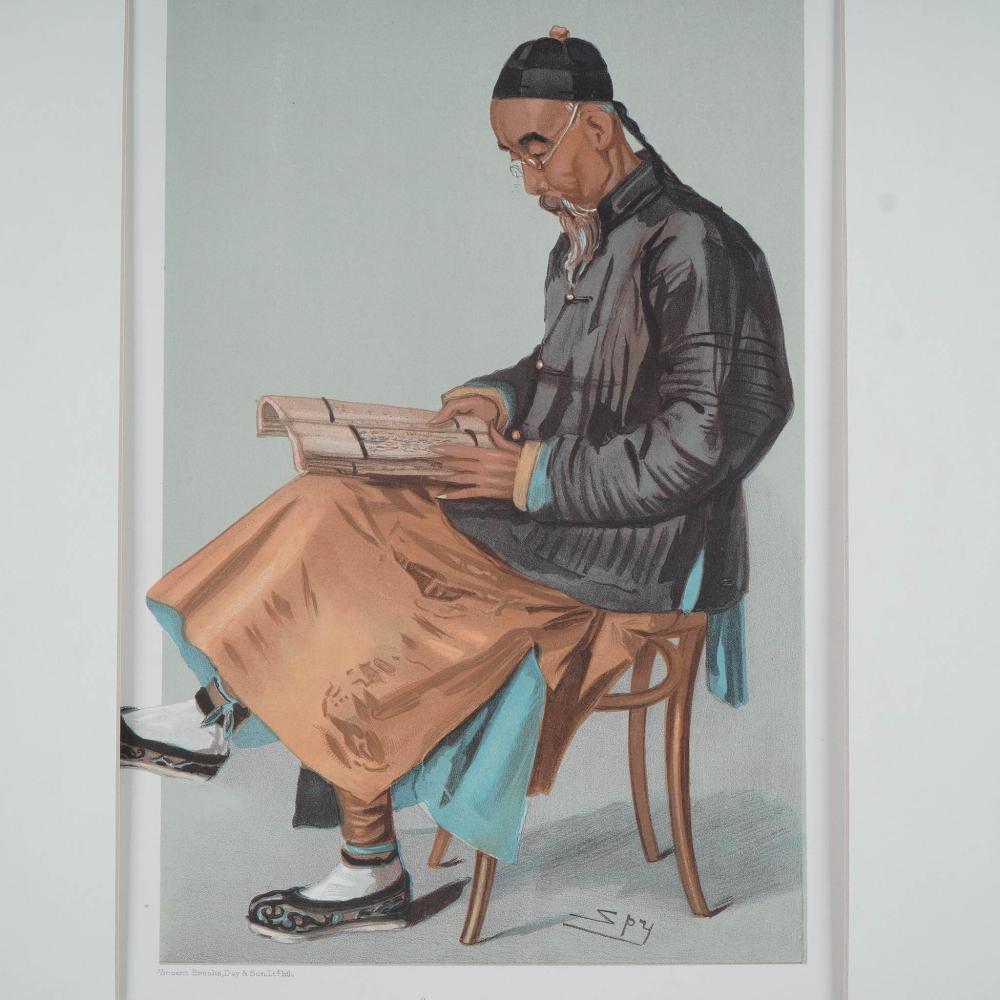 Color lithograph print of a seated man in a dark uniform and hat reading from a large open book on a stool.