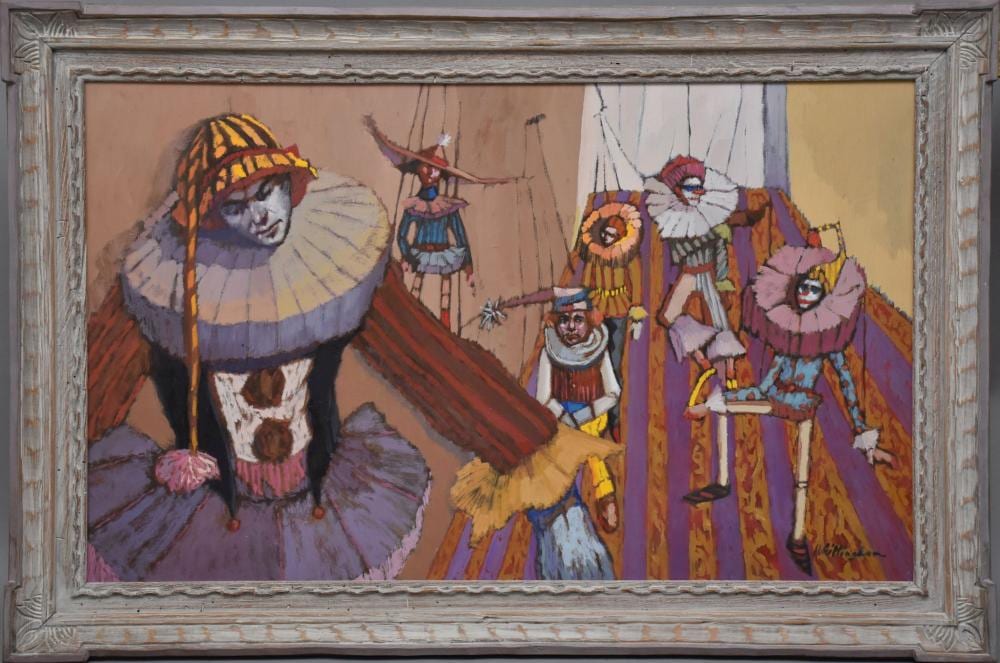 Bonnie Whittingham comparable auction result: bonnie whittingham 1921 1997 california oil on board clowns marionettes signed lower right dated 1969 framed size 35 x 52 1 2 inches board painting size 28 x 45 inches
