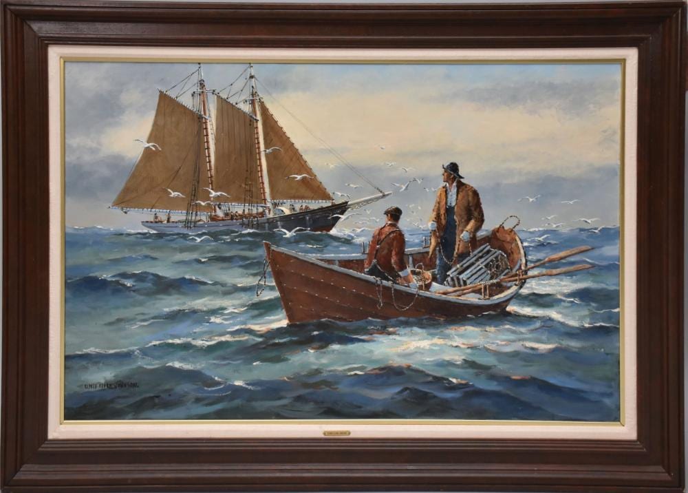 Eldred Clark Johnson comparable auction result: eldred clark johnson american born 1926 oil on canvas fisherman in a row boat canvas size 27 x 43 inches framed size approx 34 x 50 inches