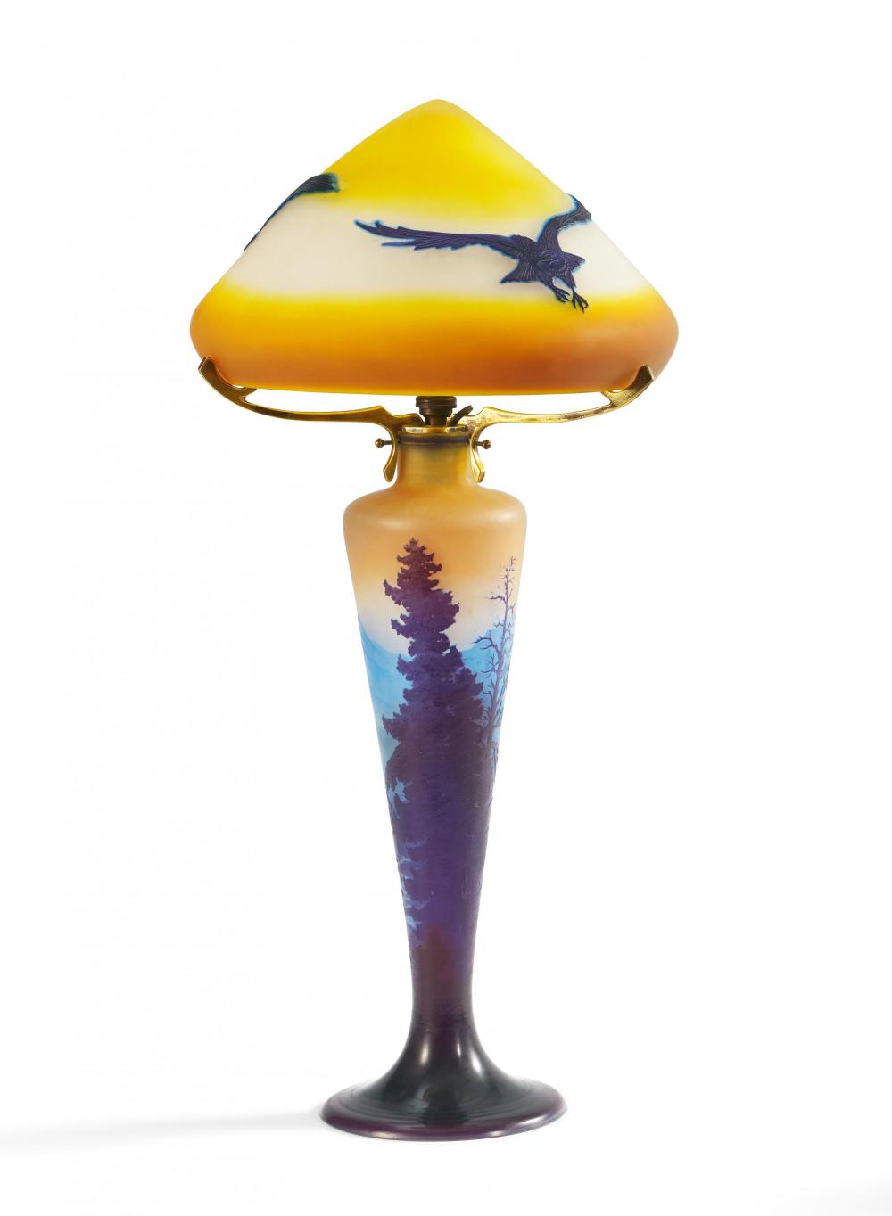 LARGE GLASS TABLE LAMP WITH ALPINE LANDSCAPE AND EAGLES sold by Van Ham Kunstauktionen, lot 210 — auction record photograph