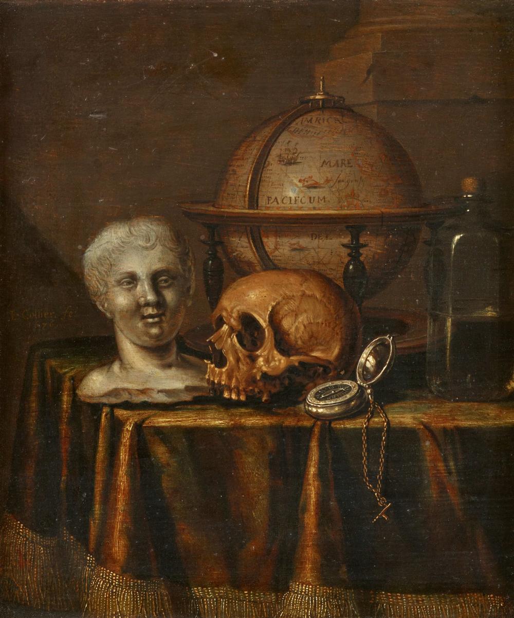 Edwaert Collier comparable auction result: edwaert collier vanitas still life with a skull bust clock globe and bottle