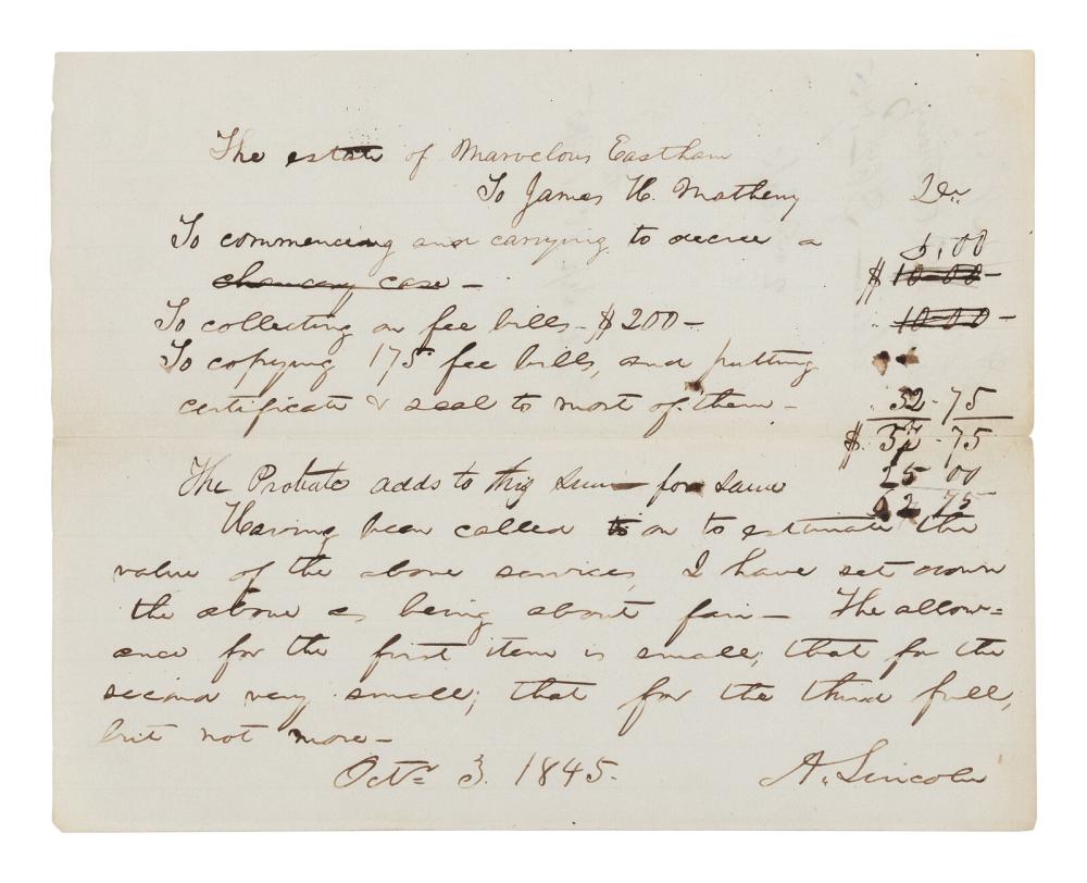 Lincoln Provides Legal Services to His Close Friend and Best Man, 3 October 1845. sold by Freeman’s, lot 22 — auction record photograph