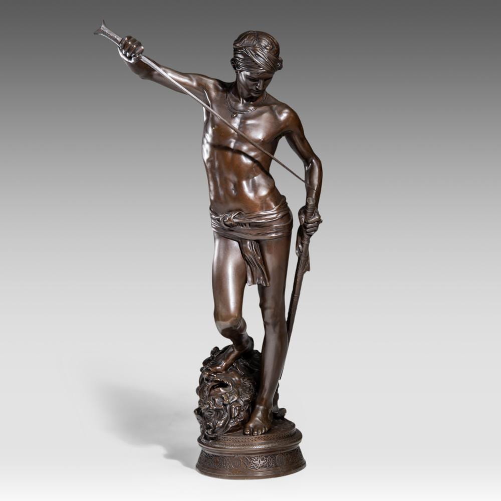 Antonin Mercié comparable auction result: antonin merci 1845 1916 david vainqueur de goliath patinated bronze h 72 cm