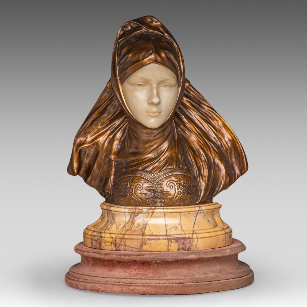 Henri Jacobs comparable auction result: henri jacobs 1864 1935 art nouveau bust of a lady with headscarf patinated bronze and marble h 48 cm