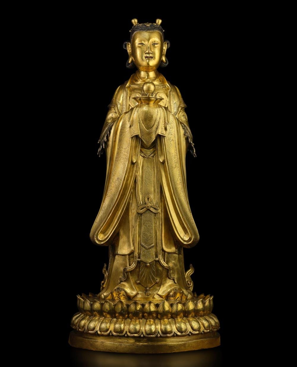 AN IMPORTANT MASSIVE IMPERIAL GILT COPPER-ALLOY FIGURE OF LONGNÜ Yuyongjian gong zao mark, cyclically dated to the Xinsi year of Chongzhen, corresponding to 1641 and of the period comparable sale