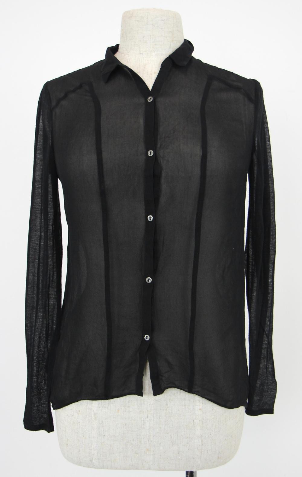 Helmut Lang comparable auction result: helmut lang austria america black sheer button up shirt high low cut collared long sleeve