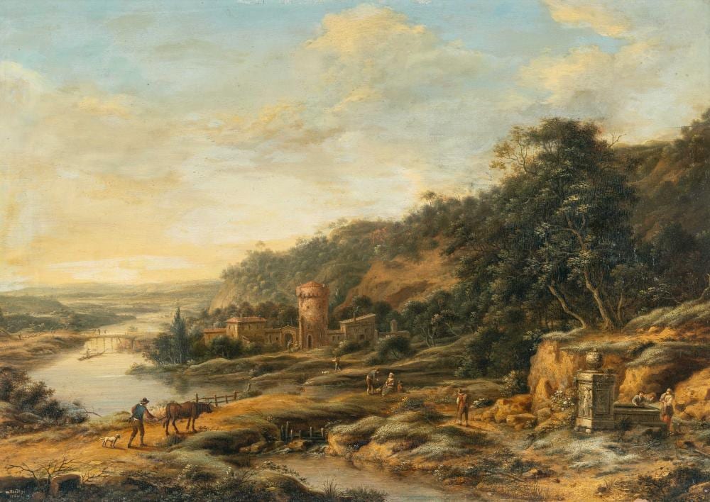 Johann Christian Vollerdt comparable auction result: johann christian vollerdt 1708 leipzig dresden 1769 baumges umte flusslandschaft mit befestigtem gut tree lined river landscape with paved estate