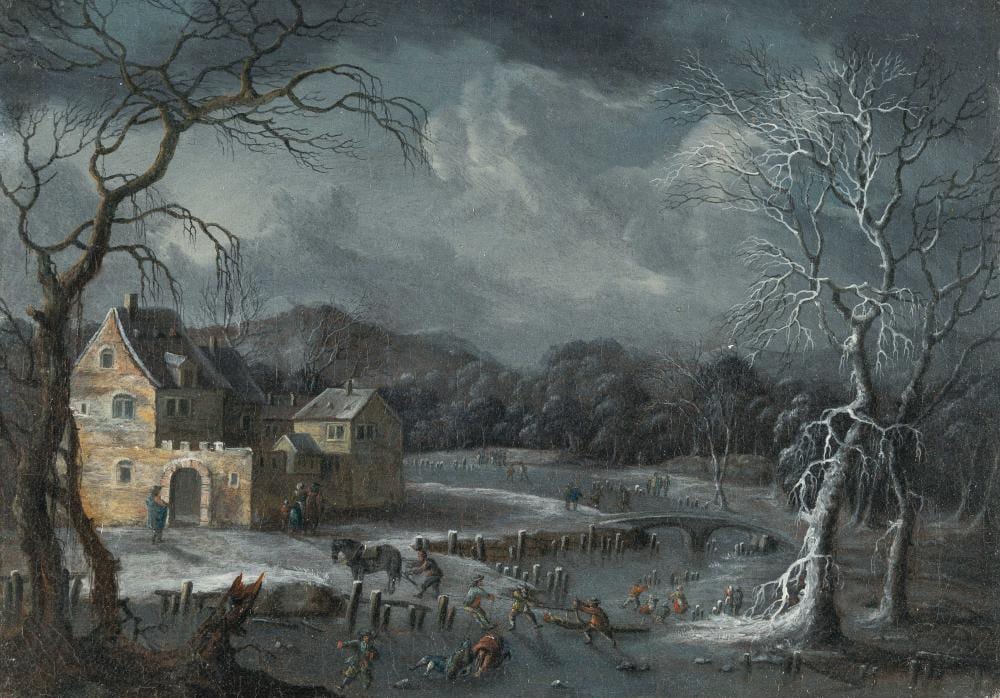 Johann Christian Vollerdt comparable auction result: johann christian vollerdt 1708 leipzig dresden 1769 pendants winterlandschaften mit schlittschuhl ufern pairs winter landscapes with ice skaters