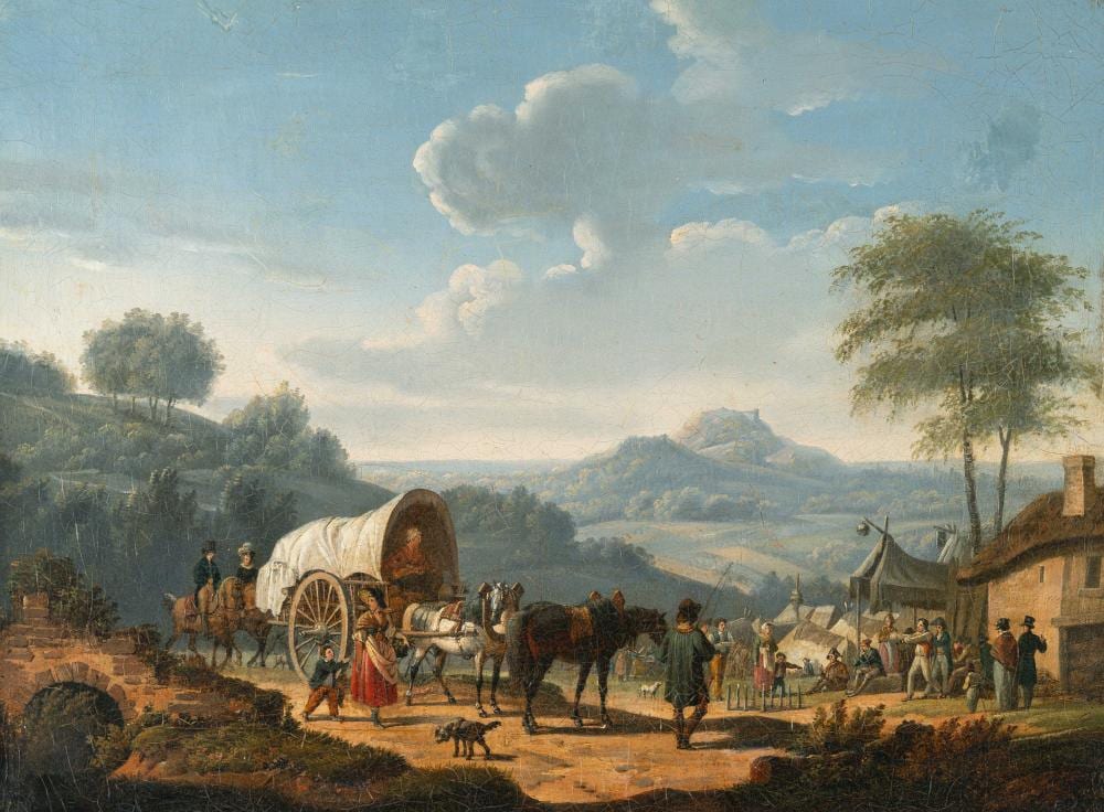 Johann Adam Klein comparable auction result: johann adam klein 1792 n rnberg m nchen 1875 fr nkische landschaft mit pferdefuhrwerk und reisenden franconian landscape with horse drawn carriage and travellers