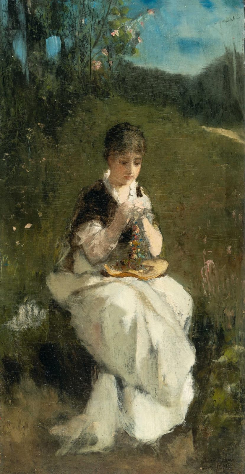 Friedrich August von Kaulbach comparable auction result: friedrich august von kaulbach 1850 m nchen ohlstadt 1920 im freien dame beim blumenbinden outdoors lady tying flowers