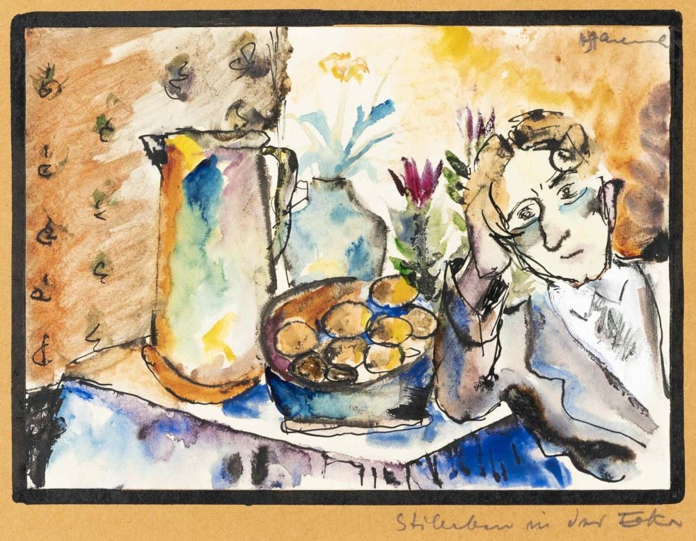 Jaenisch, Hans. Stillleben in der Ecke. Aquarell, Federzeichnung und Deckweiß auf orange-rote sold by Nosbüsch & Stucke GmbH, lot 1087 — auction record photograph