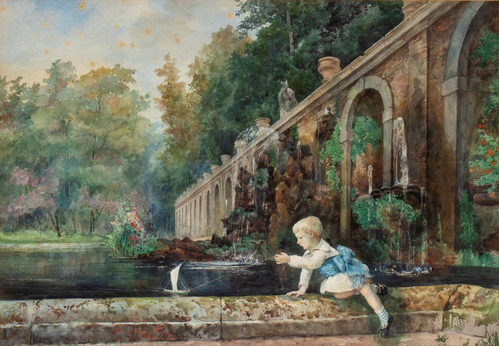 Ettore Roesler Franz comparable auction result: ettore roesler franz roma 1845 1907 child playing in villa d este