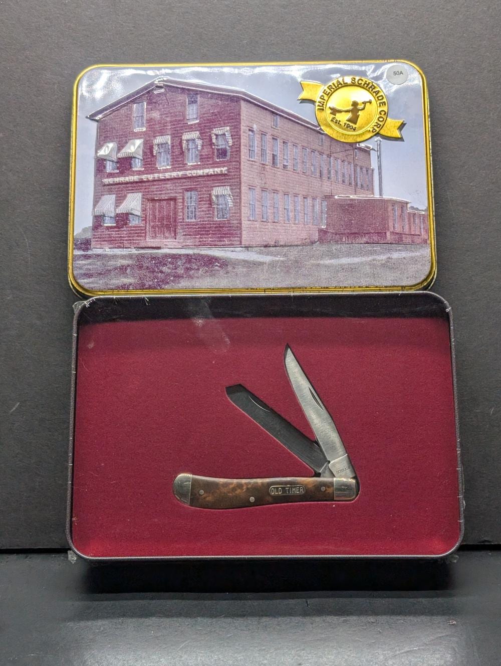 Schrade Cutlery Company Building Tin SCTIN W/940TW contains Two Blade Old Timer Pocket Knife NIB sold by Richard L. Edwards Auctioneer, lot 50A — auction record photograph