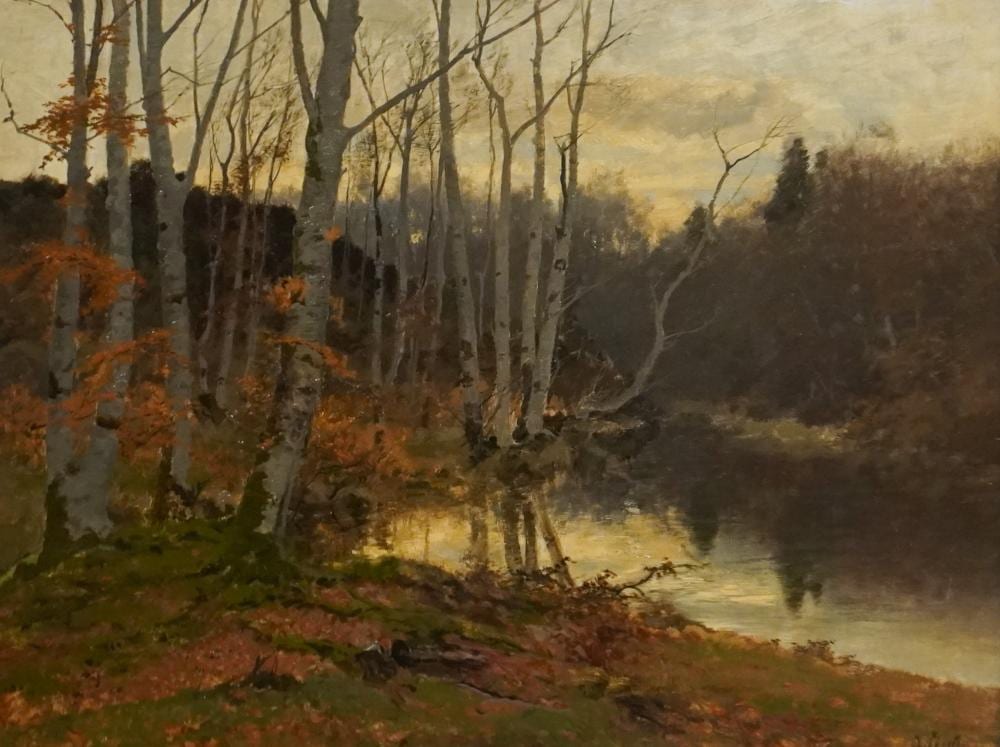 August Fink (German 1846-1916), Birch Trees Along a River, Oil on Canvas, Signed and Located l.r., Frame 27 3/4 x 33 1/2 in. (70.5 x 85.1 cm.) sold by Weschler's, lot 650 — auction record photograph
