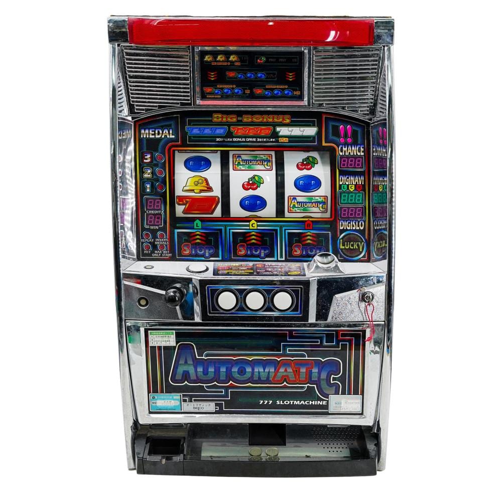 Front view of a vintage arcade-style slot machine with an “AUTOMAT” display, colored buttons, and “STOP” lights.