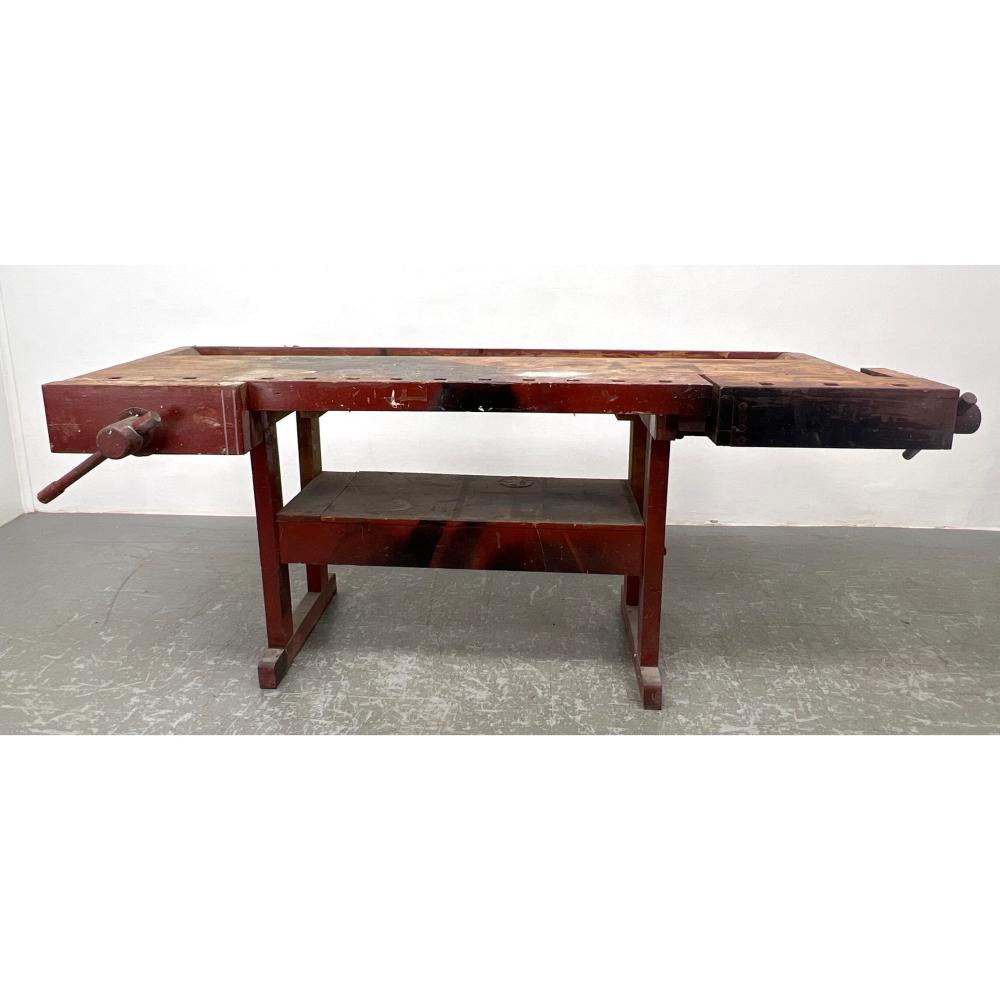 ANTIQUE INDUSTRIAL WOOD CARPENTER'S WORK BENCH. WOODWORKER WORKBENCH. STEEL VISE. POSSIBLE EUROPEAN sold by Uniques & Antiques, lot 498 — auction record photograph