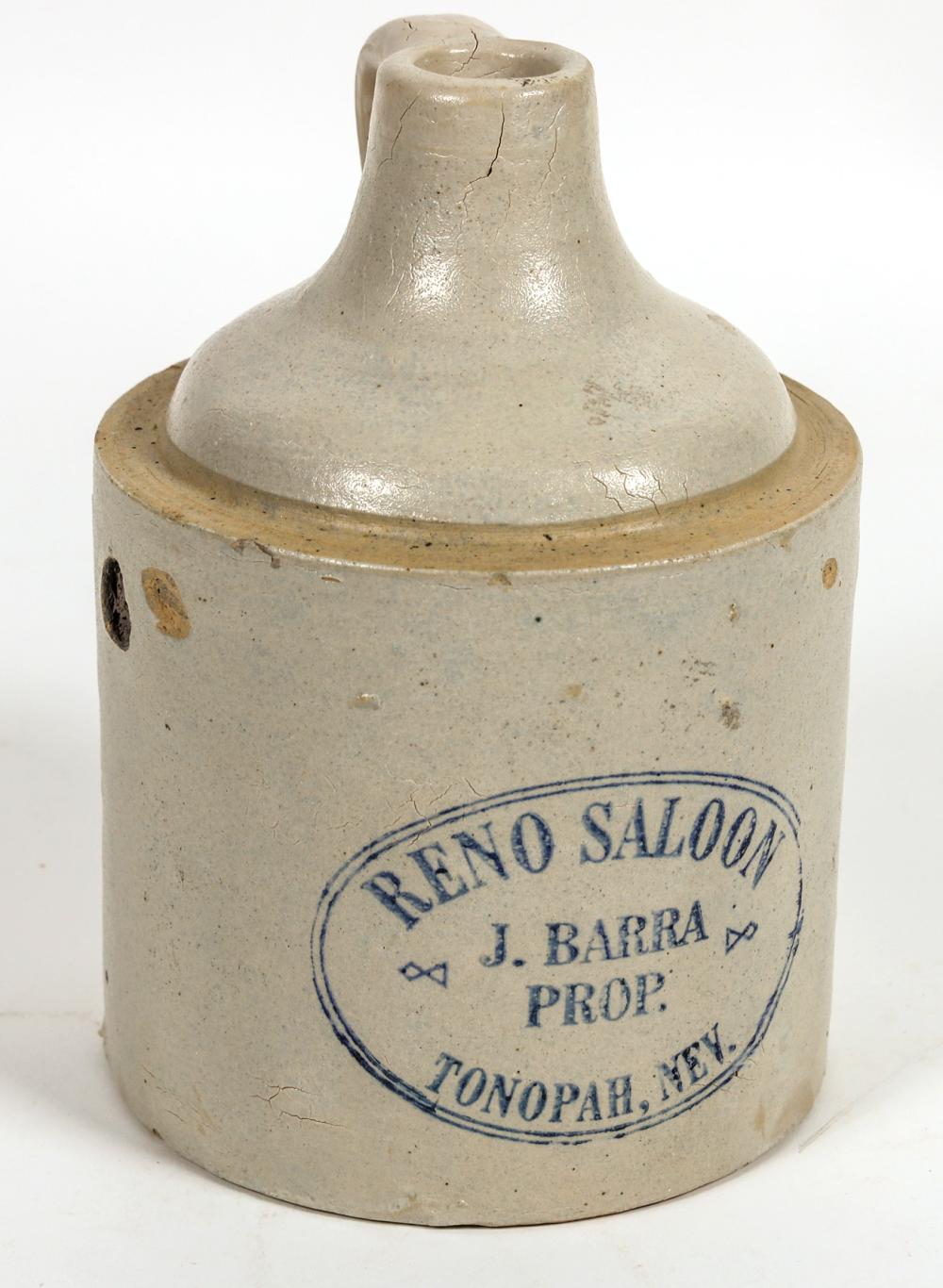 Reno Saloon, J. Barra Prop., Tonopah, Nev Clay Whiskey Jug [197034] sold by Holabird Western Americana, lot 1034 — auction record photograph