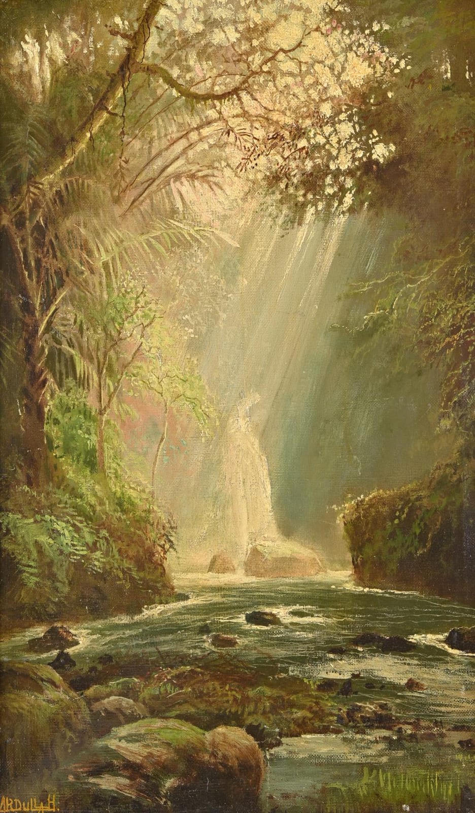 Surjosoebroto Abdullah comparable auction result: soerjosoebroto abdullah 1879 1941 waterfall signed lower left oil on canvas h 50 cm w 32 5 cm