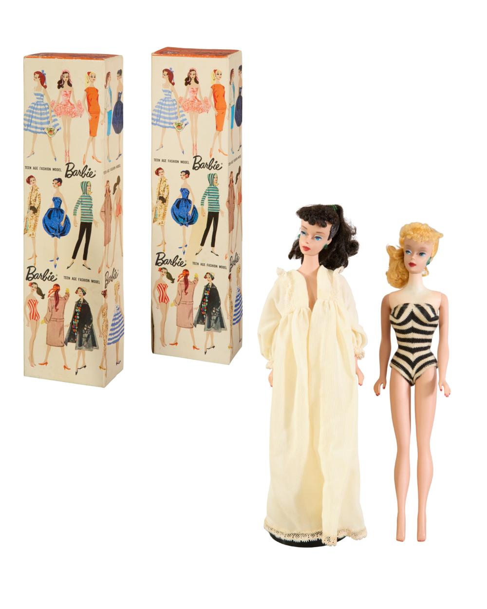 Auction comp thumbnail for Two Original Boxed Barbie Dolls, Mattel International, Japan, 1959, Doll- H.- 11 in.; Box- H.- 1 3/4 in., W.- 3 1/8 in., D.- 11 3/4 in. (2 Pcs.) (Crescent City Auction Gallery, Lot 562)