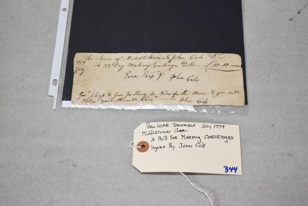 revolutionary war bill for making cartridges to middletown conn dated july 1779 signed by john cole · Redding Auction Service · 2025-05-17 John (1903) Cole comparable auction result: revolutionary war bill for making cartridges to middletown conn dated july 1779 signed by john cole