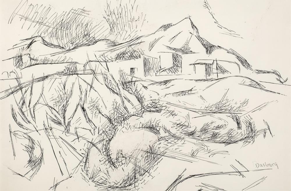 andrew dasburg houses and mountains ca 1950 · Santa Fe Art Auction · 2025-05-07 Andrew Michael Dasburg comparable auction result: andrew dasburg houses and mountains ca 1950