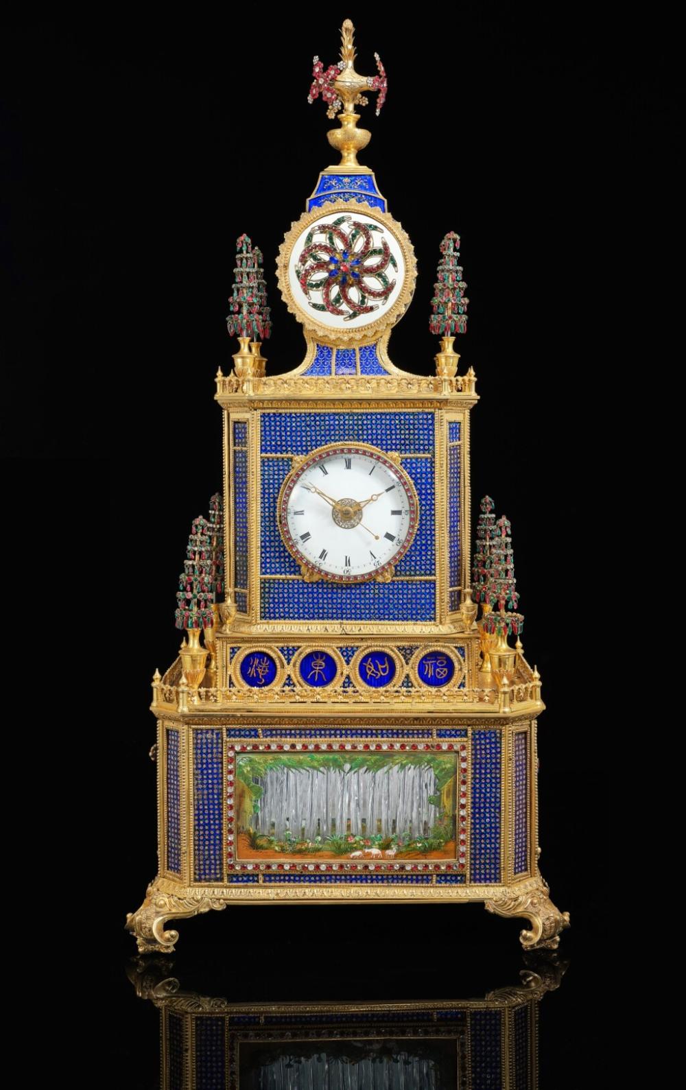 A magnificent and important Chinese ormolu, enamel and paste-set striking, musical and automaton clock | Qing Dynasty, Late 19th Century with earlier parts comparable sale