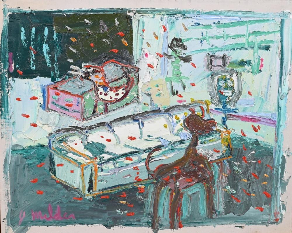 Jay Milder comparable auction result: jay milder american born 1934 untitled 11 abstract living room scene with a dog and couch oil on canvas signed lower left j milder 20 x 25