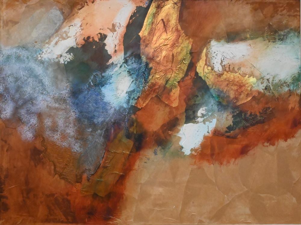 James Grabowski comparable auction result: james grabowski american connecticut 1944 2025 untitled abstract collage mixed media acrylic gold foil fabric on canvas 36 x 48