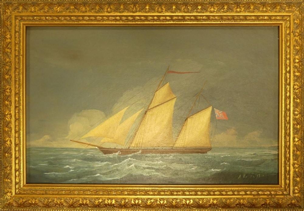 A. (1869) Wilson comparable auction result: a wilson british ship portrait oil on board in gilt frame size incl frame height 27cm width 39cm
